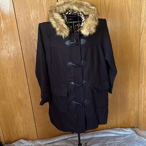 NWT Torrid Black Hooded Coat w/Detachable Fur Collar, Leopard Interior size 2